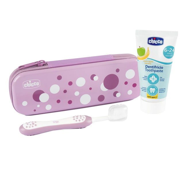 Chicco Zawsze z Uśmiechem zestaw pasta do zębów 50ml + szczoteczka do zębów + etui 6-36m Lila