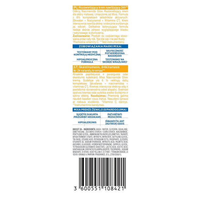 MIXA Niacinamide Glow rozświetlający krem nawilżający z niacynamidem i witaminą C 50ml