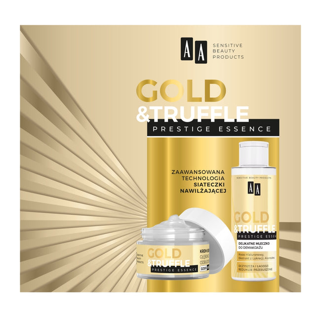 AA Gold & Truffles Prestige Essence 65+ zestaw głęboko odbudowujący krem-esencja 50ml + delikatne mleczko do demakijażu 150ml