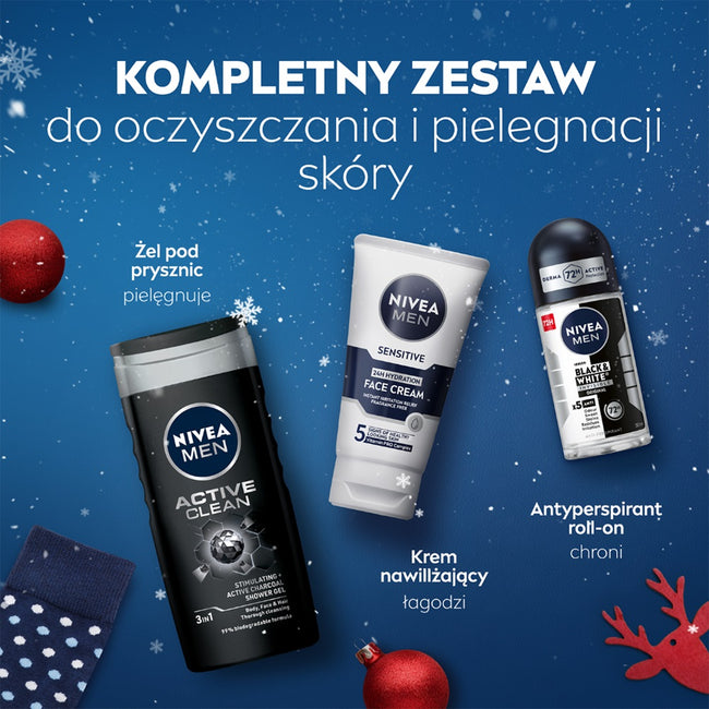 Nivea Men Keep It Active zestaw żel pod prysznic 3w1 250ml + antyperspirant roll-on 50ml + łagodzący krem nawilżający do twarzy 75ml + skarpetki