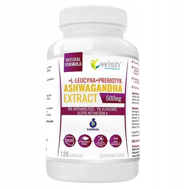 WISH Pharmaceutical Ashwagandha Extract 500mg + L-Leucyna + Prebiotyk suplement diety 120 kapsułek