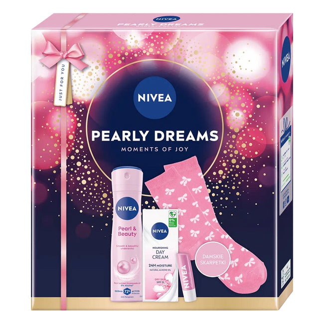 Nivea Pearly Dreams zestaw antyperspirant w sprayu 150ml + odżywczy krem na dzień SPF15 50ml + pielęgnująca pomadka do ust 4.8g + skarpetki