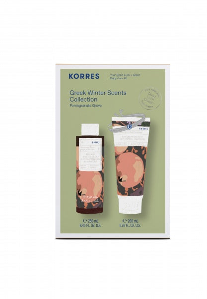 Korres Winter Favourites Pomegranate Grove zestaw rewitalizujący żel do mycia ciała 250ml + wygładzające mleczko do ciała 200ml + grecki amulet szczęścia