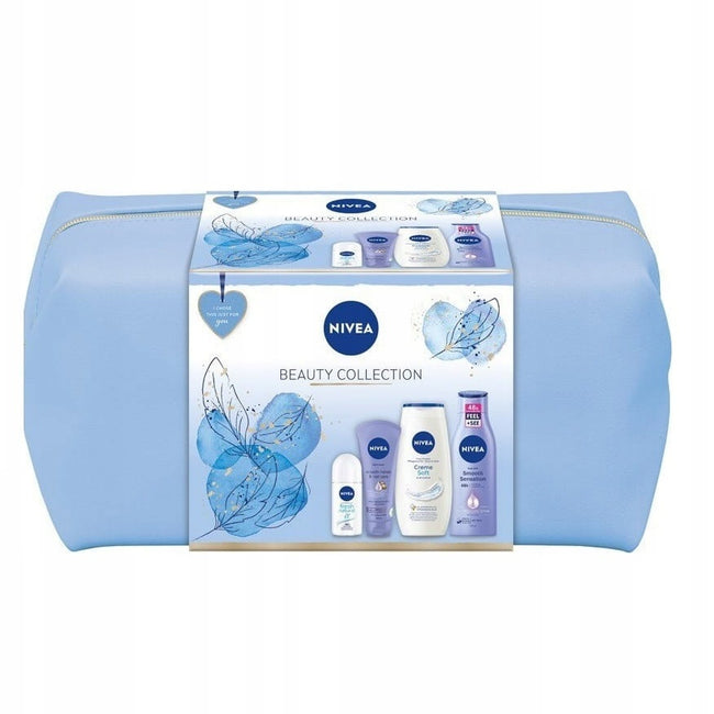 Nivea Beauty Collection zestaw Creme Soft żel pod prysznic 250ml + wygładzający krem do rąk 100ml + Fresh Natural antyperspirant roll-on 50ml + Smooth Sensation wygładzające mleczko do ciała 250ml + kosmetyczka