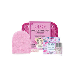 Glov Travel Set All Skin Types podróżny zestaw On-The-Go rękawica do oczyszczania cery mieszanej Quick Treat do korekt makijażu + Magnet Cleanser do czyszczenia rękawic i pędzli + kosmetyczka