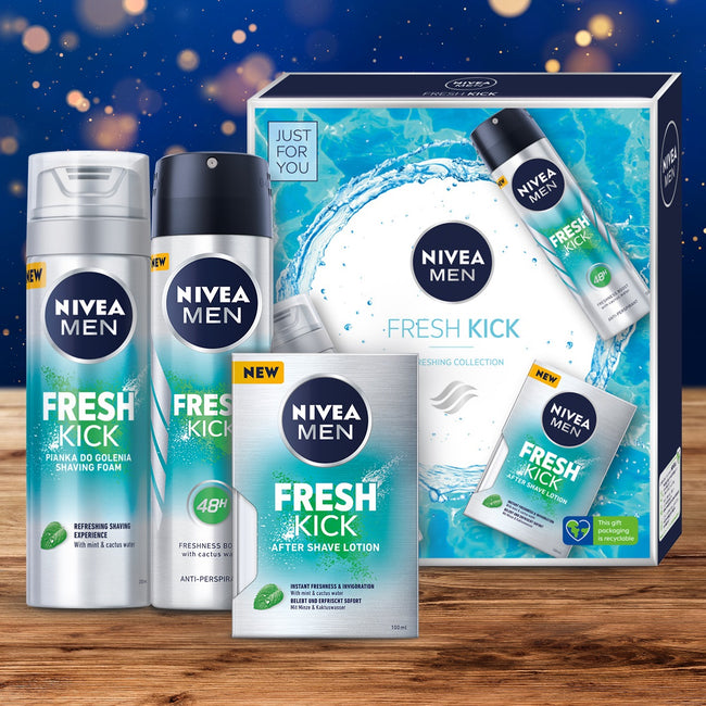 Nivea Men Fresh Kick zestaw pianka do golenia 200ml + antyperspirant w sprayu 150ml + odświeżająca woda po goleniu 100ml