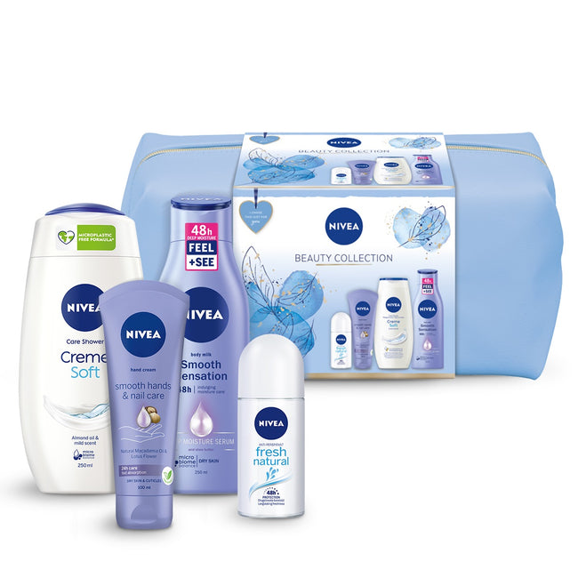 Nivea Beauty Collection zestaw Creme Soft żel pod prysznic 250ml + wygładzający krem do rąk 100ml + Fresh Natural antyperspirant roll-on 50ml + Smooth Sensation wygładzające mleczko do ciała 250ml + kosmetyczka