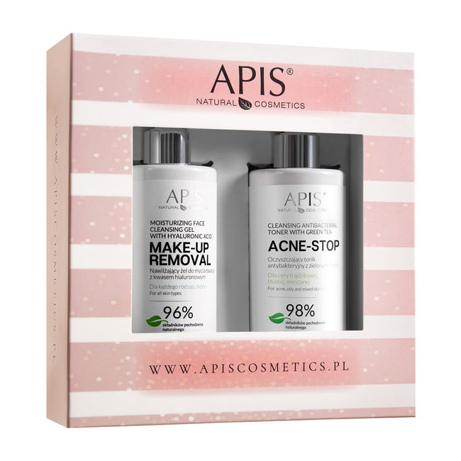 APIS Zestaw Make-Up Removal nawilżający żel do mycia twarzy z kwasem hialuronowym 300ml + Acne-Stop oczyszczający tonik antybakteryjny z zieloną herbatą 300ml