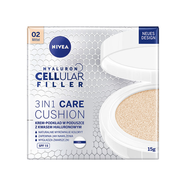 Nivea Hyaluron Cellular Filler 3in1 Care Cushion pielęgnujący krem-podkład w poduszce SPF15 02 Medium 15g
