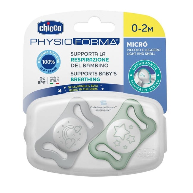 Chicco PhysioForma silikonowy smoczek do uspokajania Micro 0-2m+ Świecący 2szt.