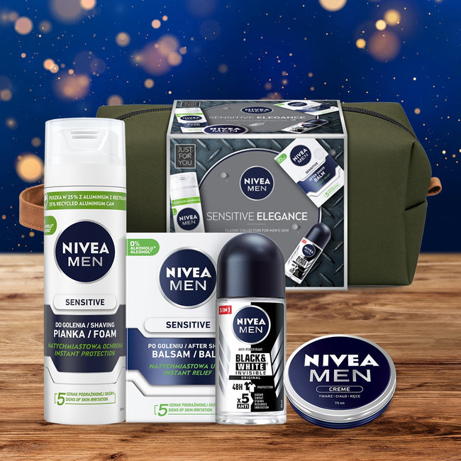 Nivea Men Sensitive Elegance zestaw łagodząca pianka do golenia 200ml + łagodzący balsam po goleniu 100ml + krem uniwersalny 75ml + antyperspirant roll-on 50ml + kosmetyczka