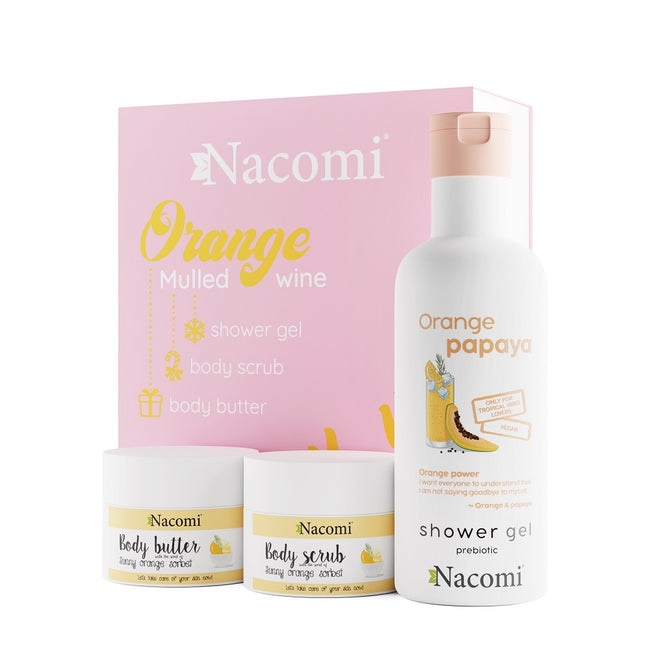 Nacomi Orange Mulled Wine zestaw żel pod prysznic 300ml + masło do ciała 50ml + peeling do ciała 50ml
