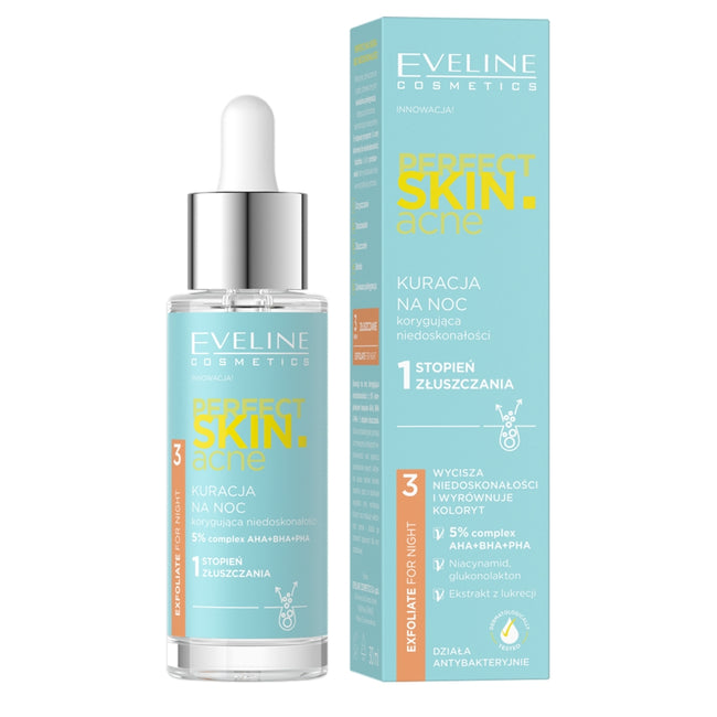 Eveline Cosmetics Perfect Skin.acne kuracja na noc korygująca niedoskonałości – 1 stopień złuszczania 30ml