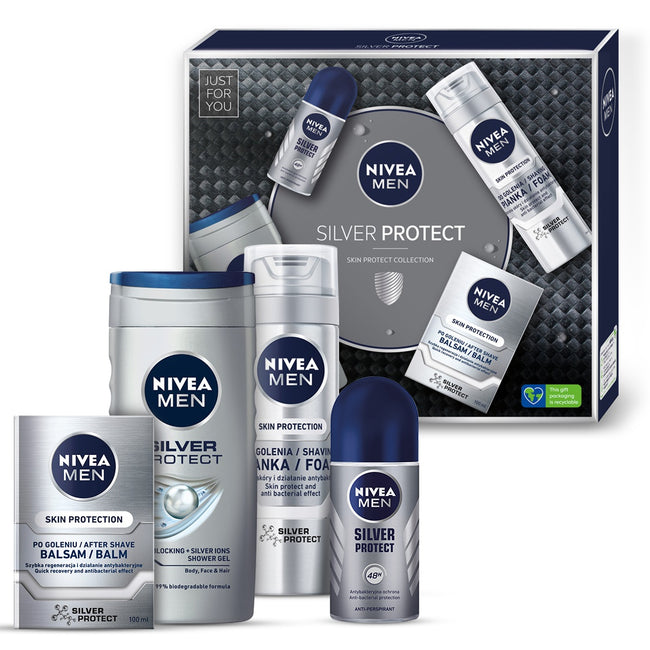 Nivea Men Silver Protect zestaw pianka do golenia 200ml + żel pod prysznic 250ml + balsam po goleniu 100ml + antyperspirant roll-on 50ml