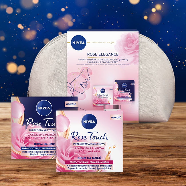 Nivea Rose Elegance zestaw przeciwzmarszkowy krem na dzień 50ml + przeciwzmarszczkowy krem na noc 50ml + kosmetyczka