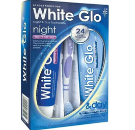 White Glo Night & Day Whitening Toothpaste zestaw pasta do zębów 65ml + żel na noc 65ml + szczoteczka do zębów