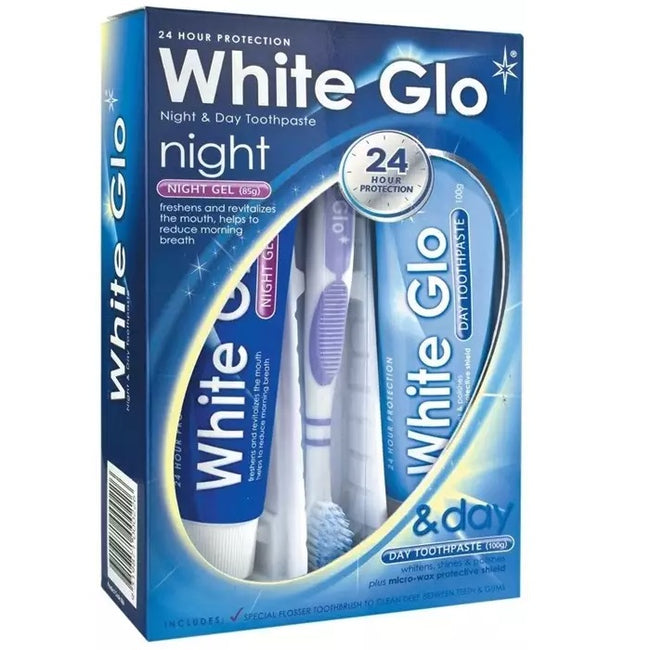 White Glo Night & Day Whitening Toothpaste zestaw pasta do zębów 65ml + żel na noc 65ml + szczoteczka do zębów