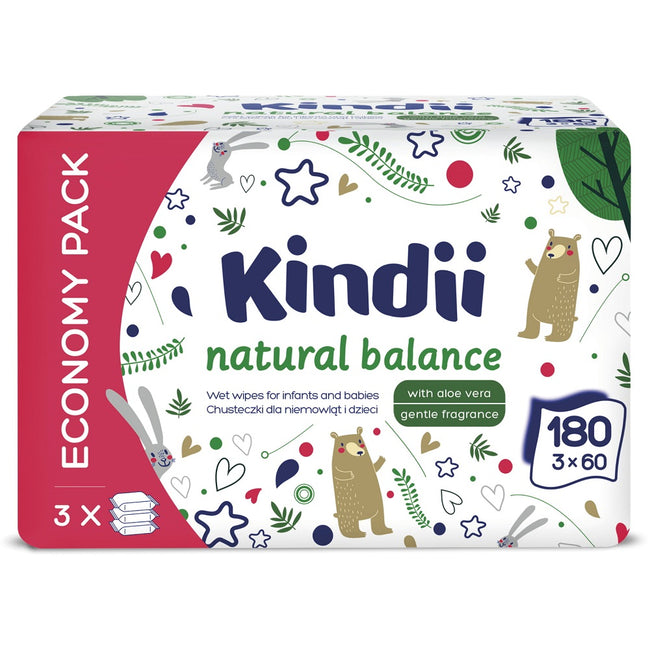 Kindii Natural Balance chusteczki nawilżające dla niemowląt i dzieci 3x60szt.
