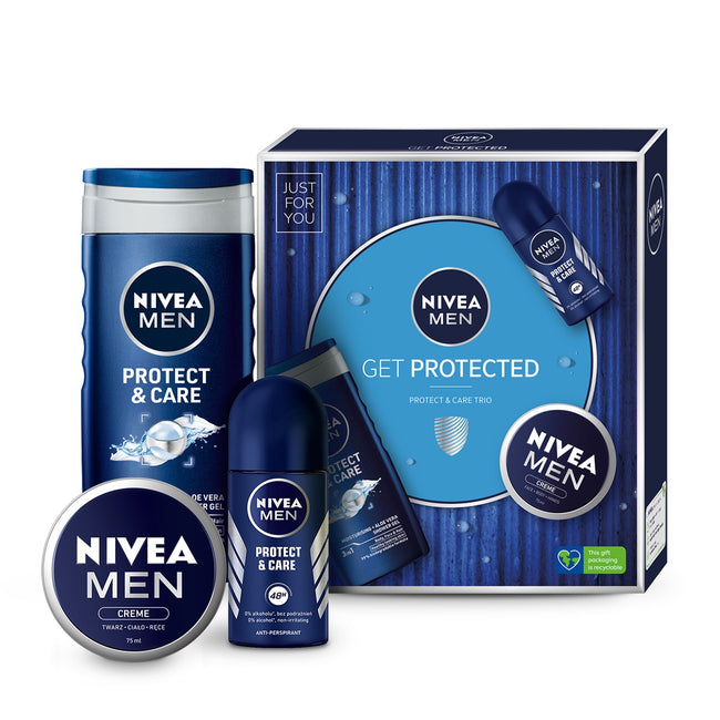 Nivea Men Get Protected zestaw Protect & Care żel pod prysznic 3w1 250ml + Protect & Care antyperspirant w kulce 50ml + Men Creme krem do ciała i twarzy 75ml