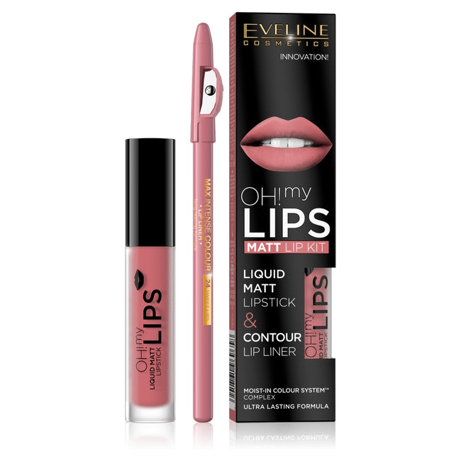 Eveline Cosmetics Oh My Lips zestaw do makijażu ust matowa pomadka w płynie i konturówka 07 Baby Nude