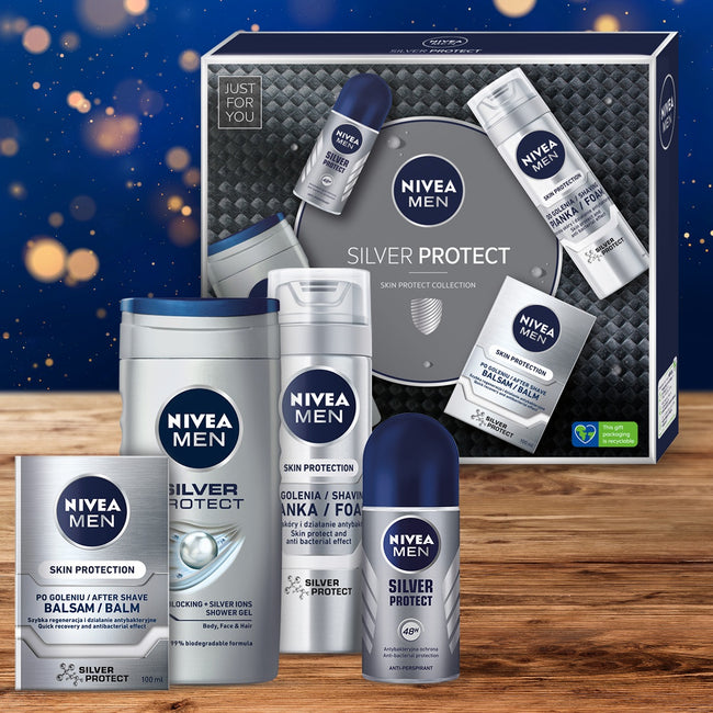 Nivea Men Silver Protect zestaw pianka do golenia 200ml + żel pod prysznic 250ml + balsam po goleniu 100ml + antyperspirant roll-on 50ml