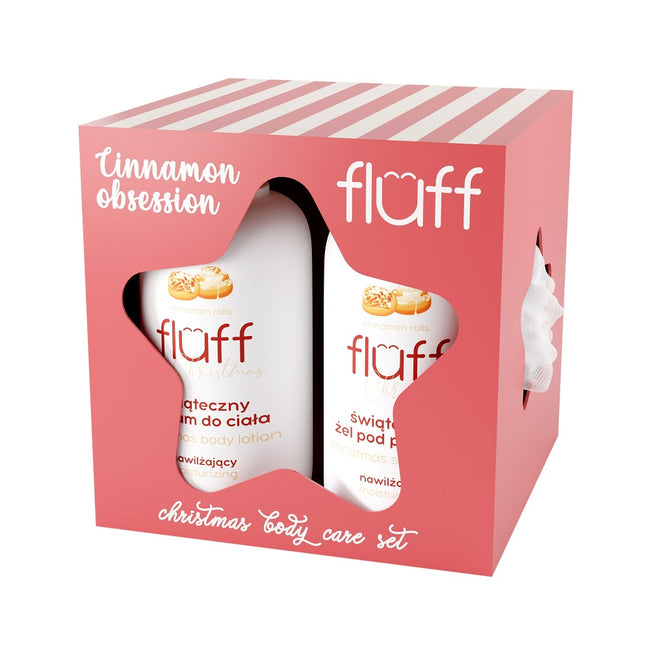 Fluff Cinnamon Obssesion zestaw żel do prysznic 200ml + balsam do ciała 200ml + myjka do ciała