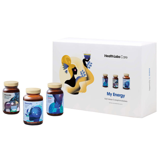 HealthLabs My Energy zestaw suplementów diety BoostMe Now 60 kapsułek + ShroomMe Lion’s Mane & Chaga 90 miarek + MemoryMe 90 kapsułek