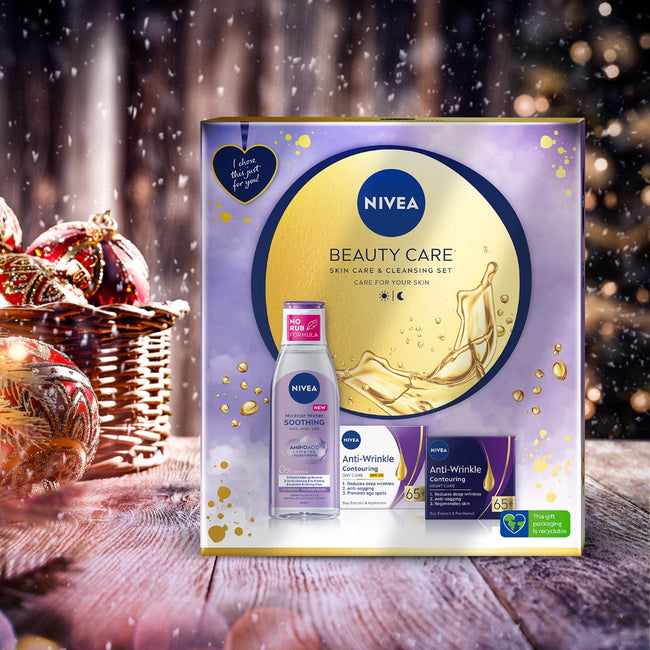 Nivea Beauty Care zestaw kojący płyn micelarny 200ml + przeciwzmarszczkowy krem na dzień SPF30 50ml + przeciwzmarszczkowy krem na noc 65+ 50ml