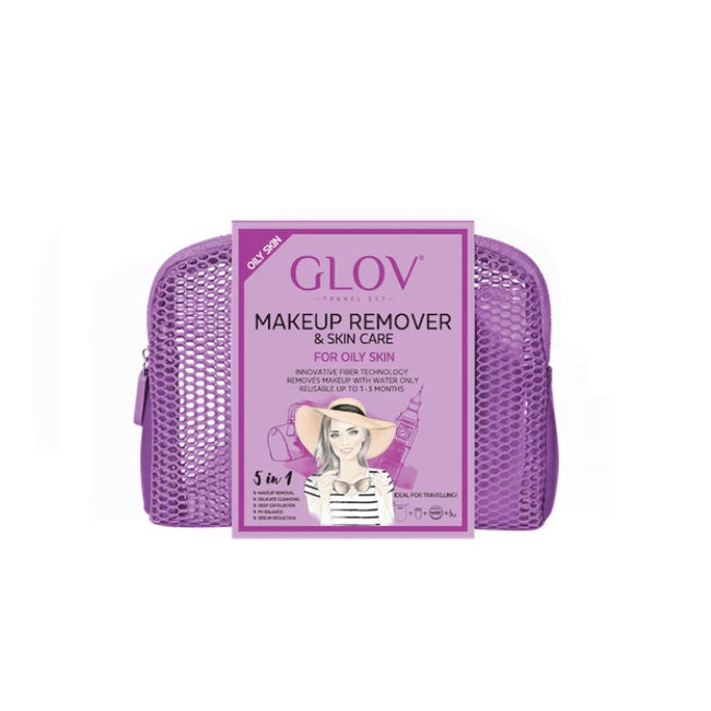 Glov Travel Set Oily Skin podróżny zestaw On-The-Go do oczyszczania cery tłustej + Quick Treat do korekt makijażu + Magnet Cleanser do czyszczenia rękawic i pędzli + kosmetyczka