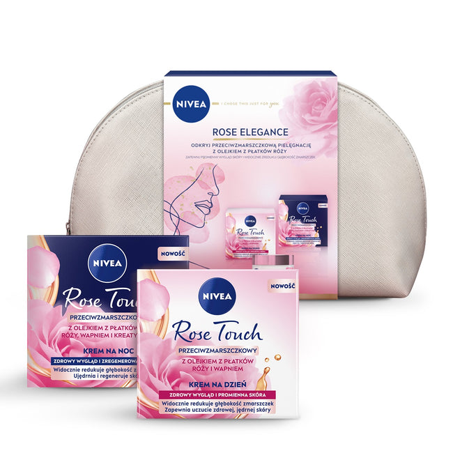 Nivea Rose Elegance zestaw przeciwzmarszkowy krem na dzień 50ml + przeciwzmarszczkowy krem na noc 50ml + kosmetyczka