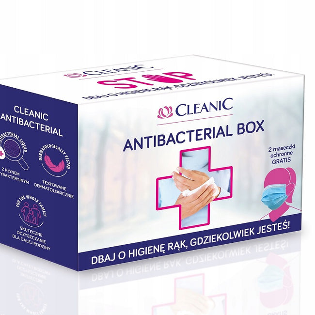 CLEANIC Antibacterial Box zestaw chusteczki 3 opakowania + odświeżający żel do rąk 50ml + jednorazowe maseczki ochronne 2szt