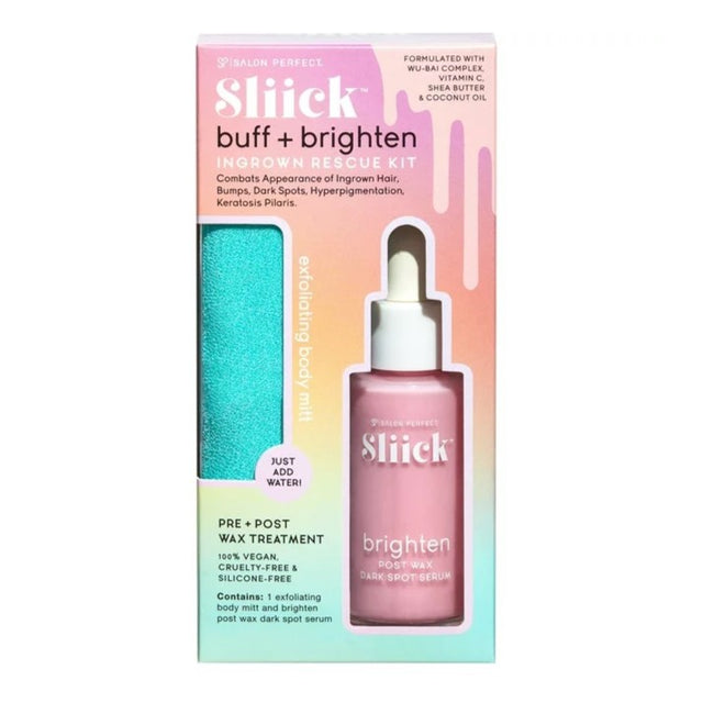 Sliick Buff + Brighten Ingrown Rescue Kit zestaw rękawica do peelingu ciała + serum do ciała po depilacji 30ml