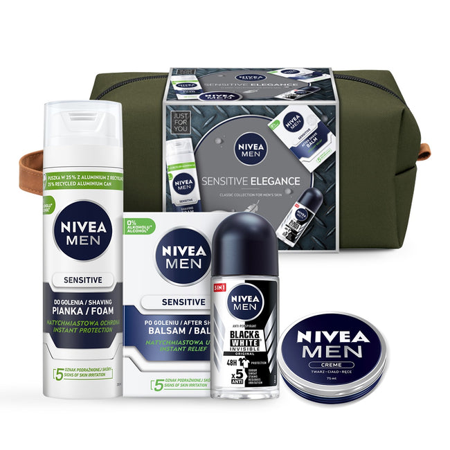 Nivea Men Sensitive Elegance zestaw łagodząca pianka do golenia 200ml + łagodzący balsam po goleniu 100ml + krem uniwersalny 75ml + antyperspirant roll-on 50ml + kosmetyczka