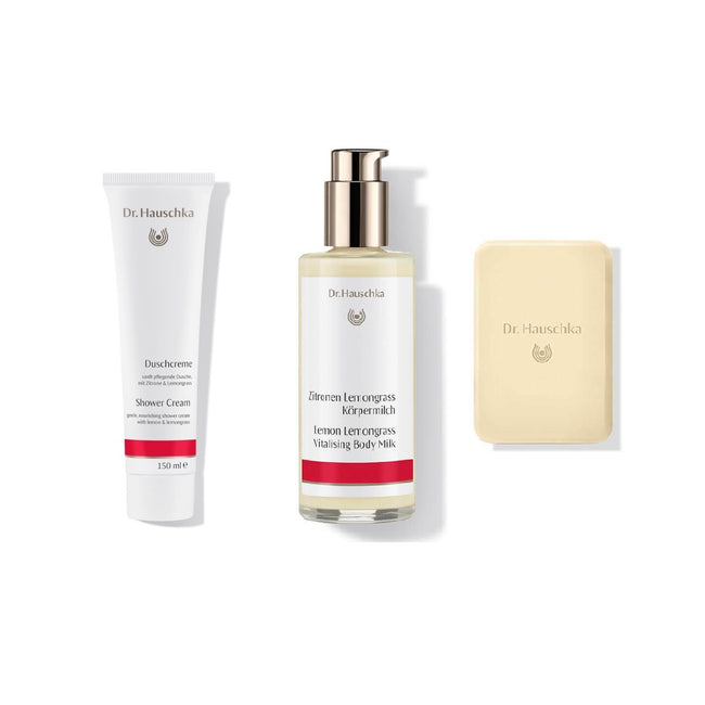 Dr. Hauschka Sensory Delights zestaw Shower Cream 150ml + Lemon Lemongrass Vitalising Body Milk 145ml + Lemon Soap 100g