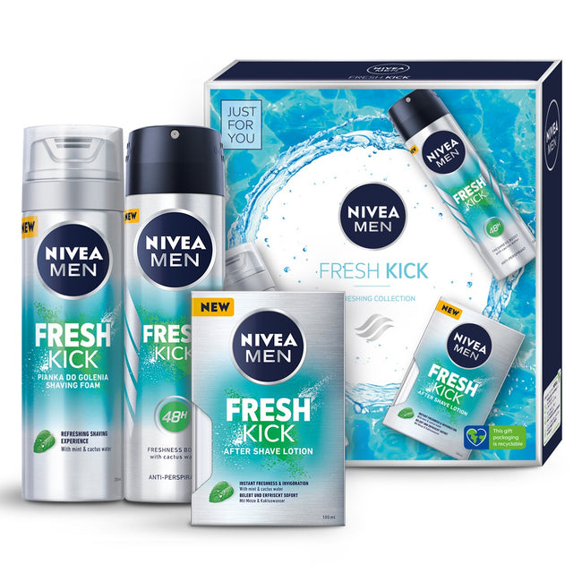 Nivea Men Fresh Kick zestaw pianka do golenia 200ml + antyperspirant w sprayu 150ml + odświeżająca woda po goleniu 100ml