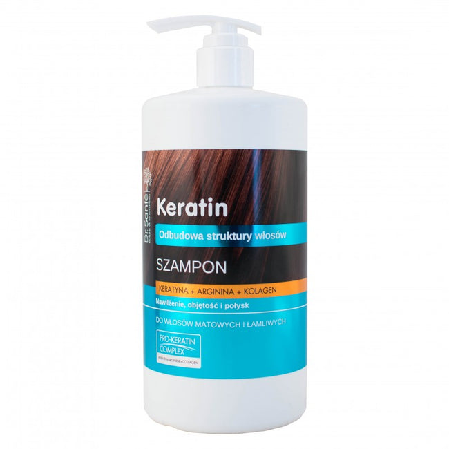 Dr. Sante Keratin Shampoo szampon odbudowujący struktury włosów matowych i łamliwych z pompką Keratyna Argina i Kolagen 1000ml