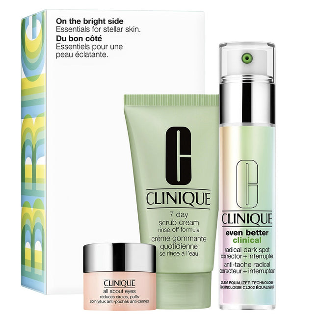 Clinique On The Bright Side zestaw All About Eyes 5ml + 7 Day Scrub Cream Rinse-Off Formula 30ml + Even Better Clinical Radical Dark Spot Corrector Interrupter 30ml