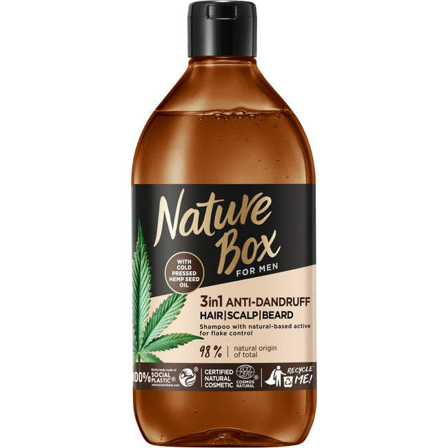 Nature Box For Men Hemp Oil 3in1 przeciwłupieżowy szampon z formułą 3w1 do włosów skóry głowy i brody 385ml