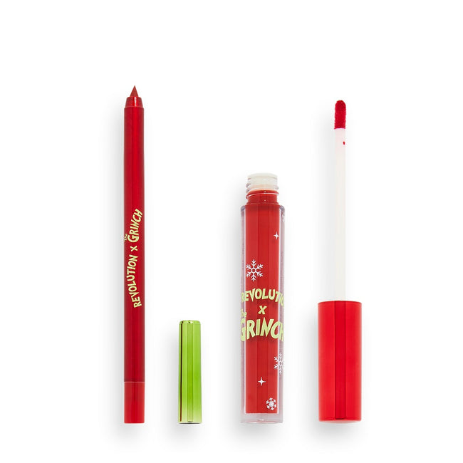 Makeup Revolution The Grinch x Revolution Little Max Lip Kit zestaw Liquid Lipstick pomadka w płynie 3ml + Lip Liner konturówka do ust 1g