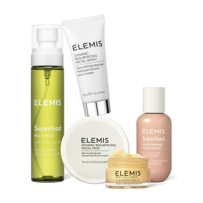 ELEMIS The Story of Glam & Glow zestaw Cleansing Balm 20g + Dynamic Resurfacing Facial Wash 30ml + Dynamic Resurfacing Facial Pads 14szt + Glow Priming Moisturiser 60ml + Superfood Multi Mist 100ml