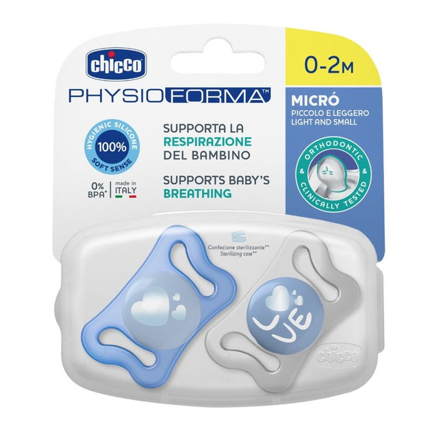 Chicco PhysioForma silikonowy smoczek do uspokajania Micro 0-2m+ Niebieski 2szt.
