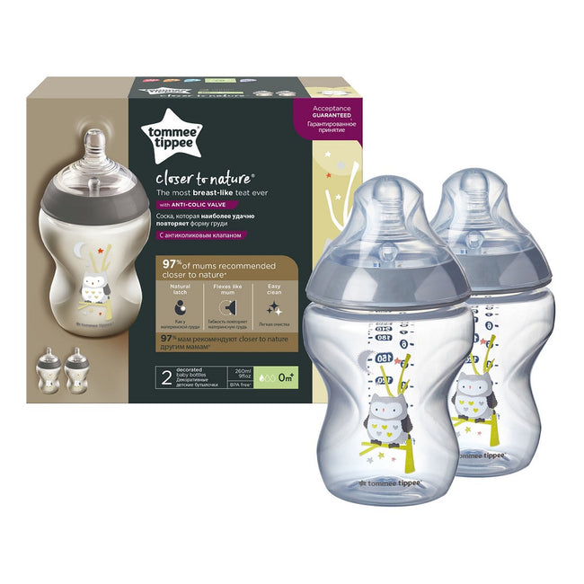 Tommee Tippee Closer To Nature butelka do karmienia ze smoczkiem silikonowym 0m+ Sowa 2x260ml