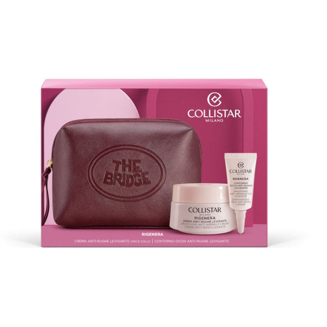 Collistar Rigenera zestaw przeciwzmarszczkowy krem wygładzający 50ml + wygładzający krem pod oczy 5ml + próbka kropli samoopalających + The Bridge burgundowa kosmetyczka