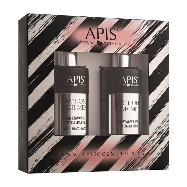 APIS Action For Men zestaw nawilżający żel do mycia ciała 3w1 300ml + odżywczy krem do ciała i dłoni 300ml