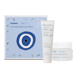 Korres Greek Yoghurt Essentials zestaw kremowy żel do mycia twarzy z probiotykami 150ml + odżywczy probiotyczny krem-żel do twarzy 40ml + grecki amulet szczęścia
