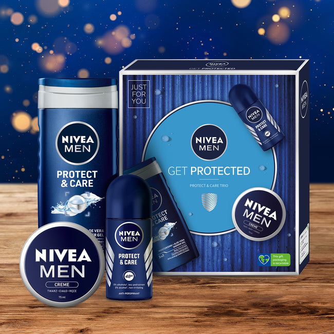 Nivea Men Get Protected zestaw Protect & Care żel pod prysznic 3w1 250ml + Protect & Care antyperspirant w kulce 50ml + Men Creme krem do ciała i twarzy 75ml