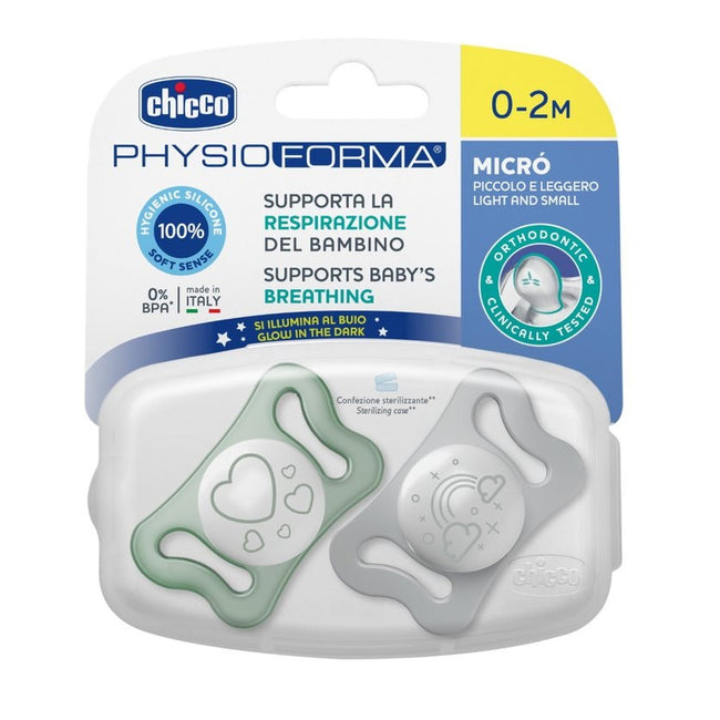 Chicco PhysioForma silikonowy smoczek do uspokajania Micro 0-2m+ Świecący 2szt.