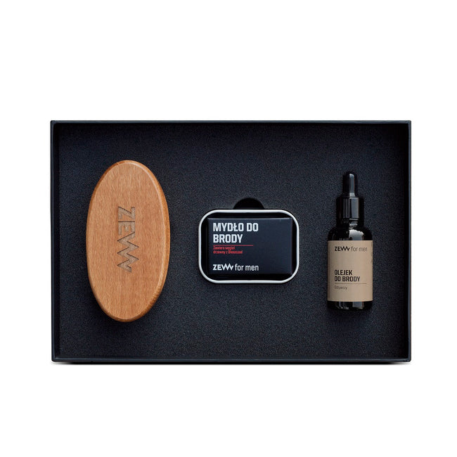 Zew For Men Prosty Drwal zestaw olejek do brody 30ml + mydło do brody 80ml + mydelniczka + kartacz