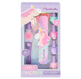 Martinelia Little Unicorn Watch&Manicure zestaw lakier do paznokci 4szt + pilniczek + zegarek z błyszczykiem do ust