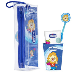 Chicco Travel Set zestaw podróżny do mycia zębów pasta + szczoteczka + kubek + etui 3-6l Niebieski